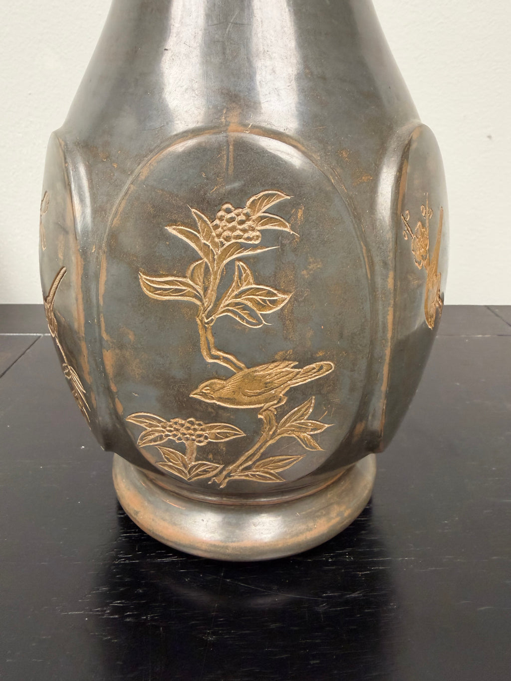 Signed Antique Asian Bronze Etched Bird Vase/Urn