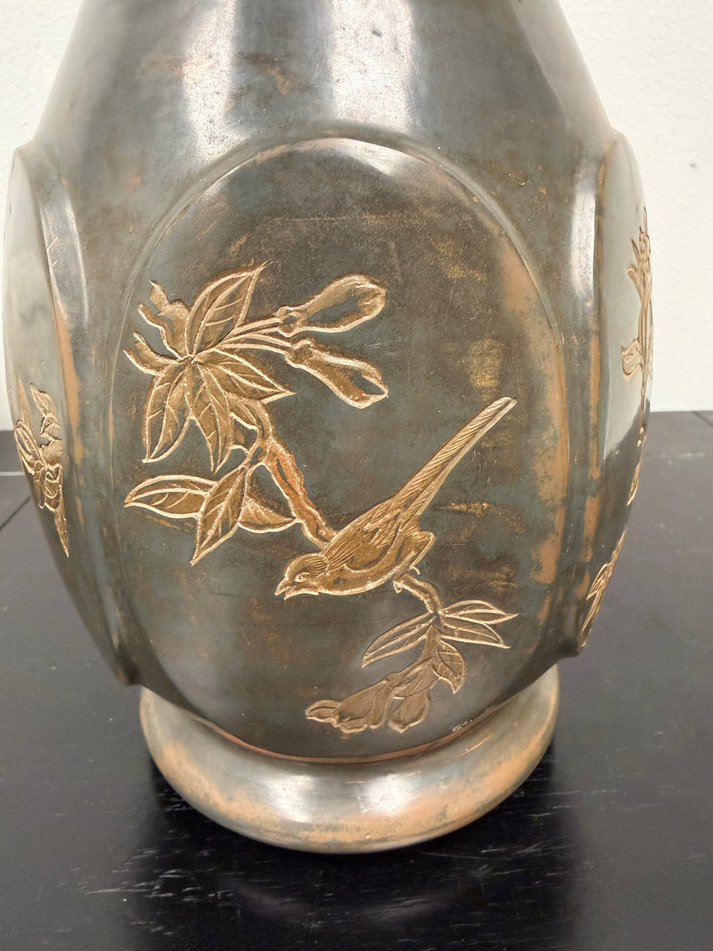 Signed Antique Asian Bronze Etched Bird Vase/Urn