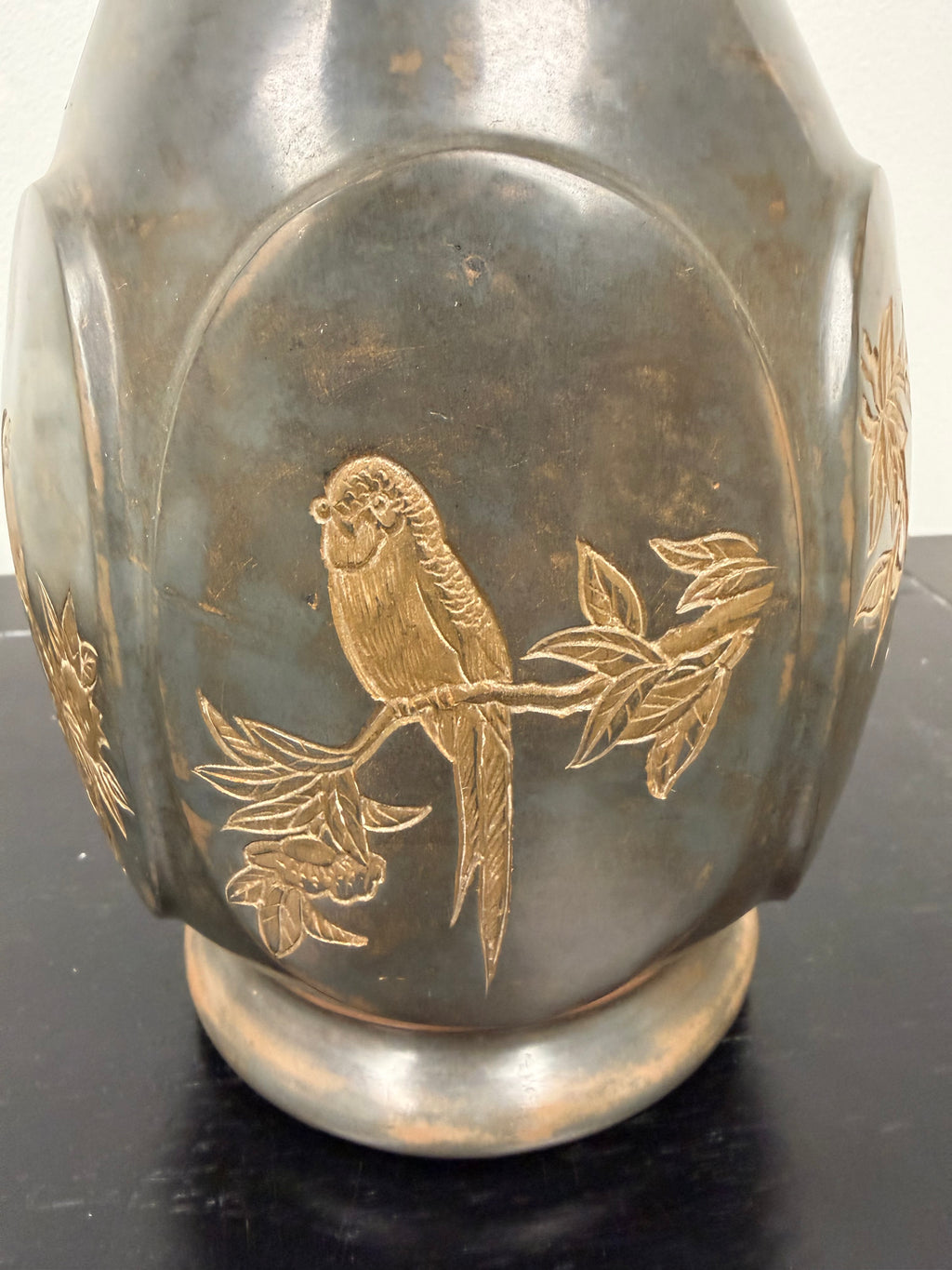 Signed Antique Asian Bronze Etched Bird Vase/Urn