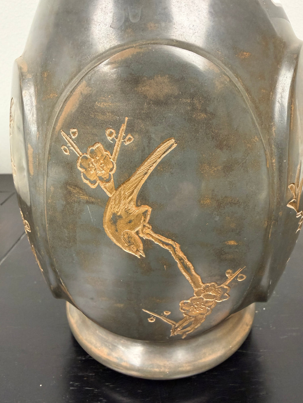 Signed Antique Asian Bronze Etched Bird Vase/Urn