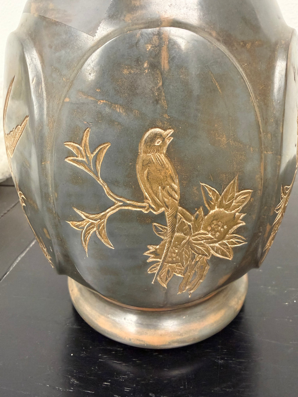 Signed Antique Asian Bronze Etched Bird Vase/Urn