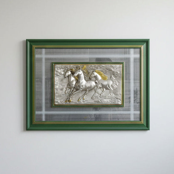 Italian Argento 925 Sterling Silver Horses Wall Art (Green Frame Three Horses)