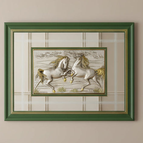 Italian Argento 925 Sterling Silver Horses Wall Art (Green Frame Two Horses)