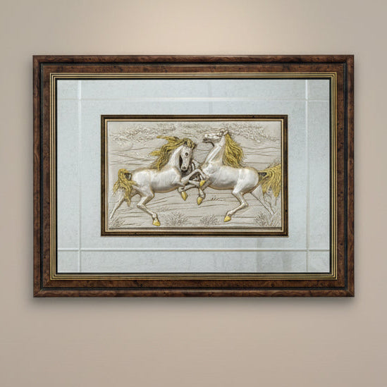 Italian Argento 925 Sterling Silver Horses Wall Art (Brown Frame)
