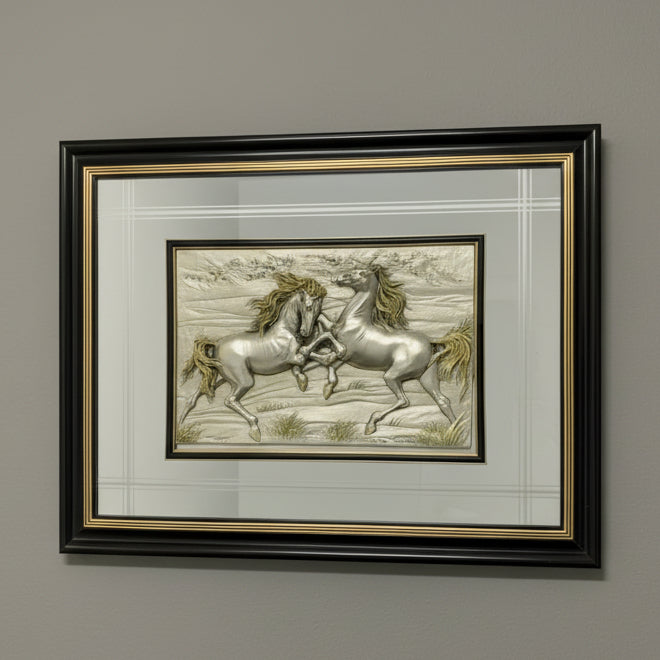 Italian Argento 925 Sterling Silver Horses Wall Art (Black Frame)