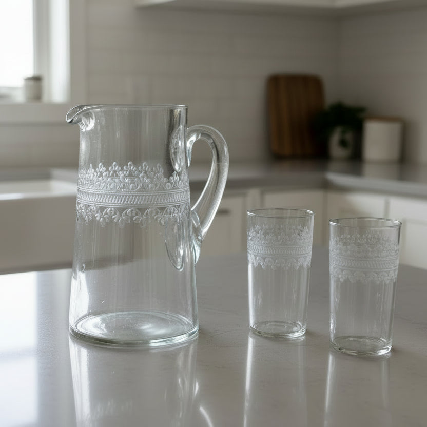 Cloverleaf Fostoria Etched Glass Water Pitcher with Two Matching Glasses