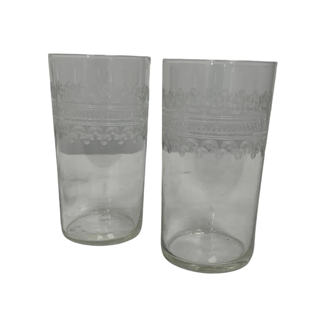 Cloverleaf Fostoria Etched Glass Water Pitcher with Two Matching Glasses