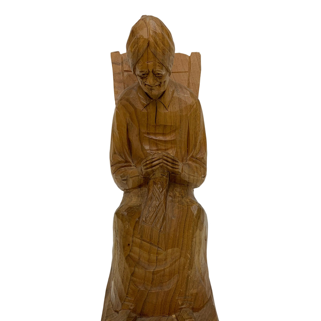 Caron Wood Carving Statue - Elderly Woman Knitting