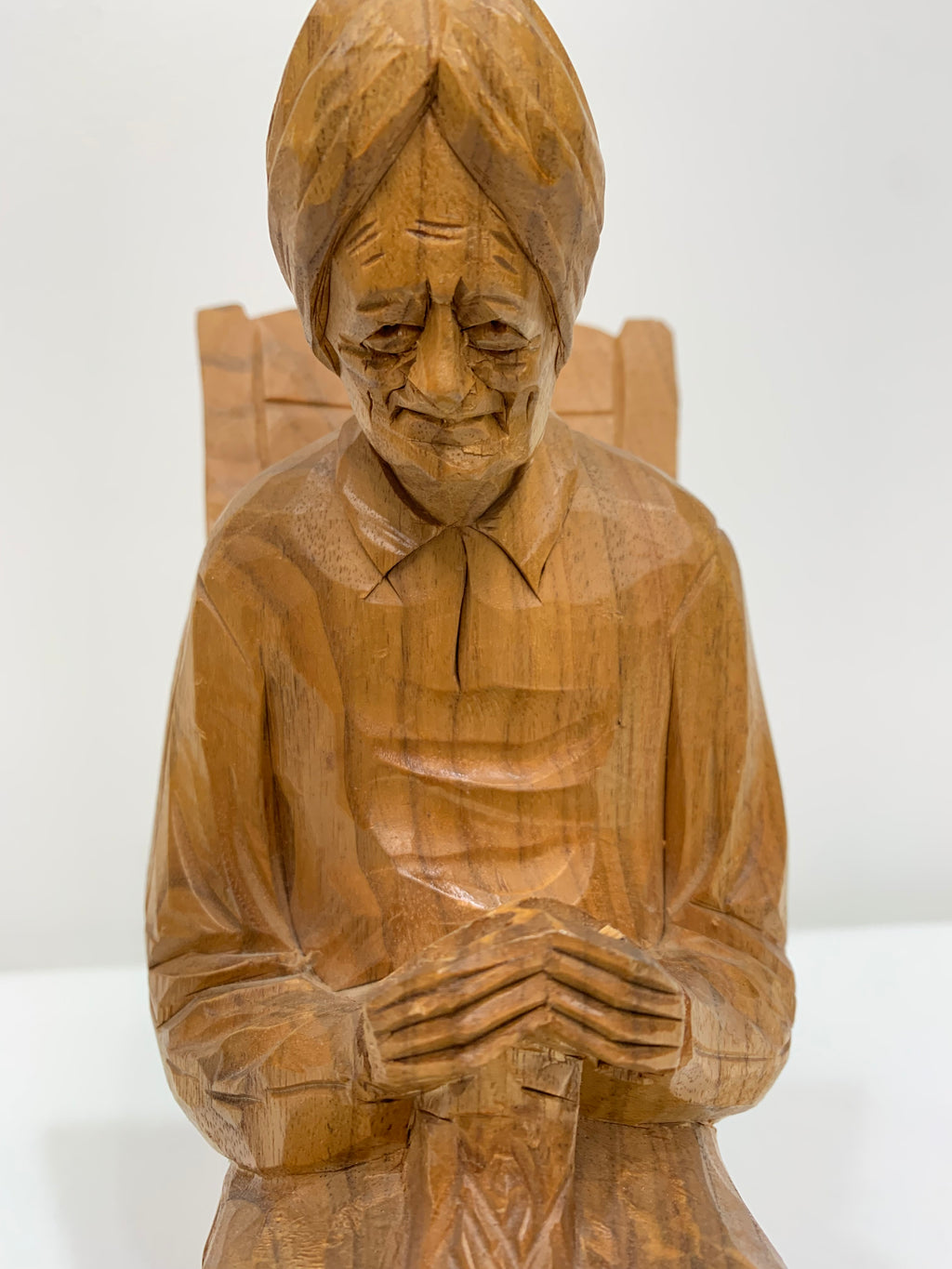 Caron Wood Carving Statue - Elderly Woman Knitting