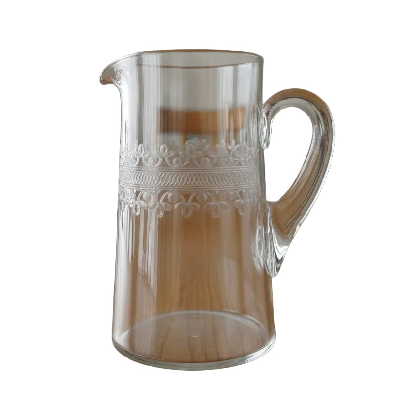 Cloverleaf Fostoria Etched Glass Water Pitcher with Two Matching Glasses