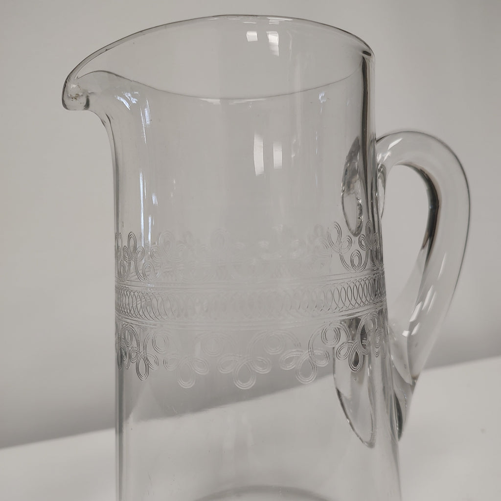 Cloverleaf Fostoria Etched Glass Water Pitcher with Two Matching Glasses