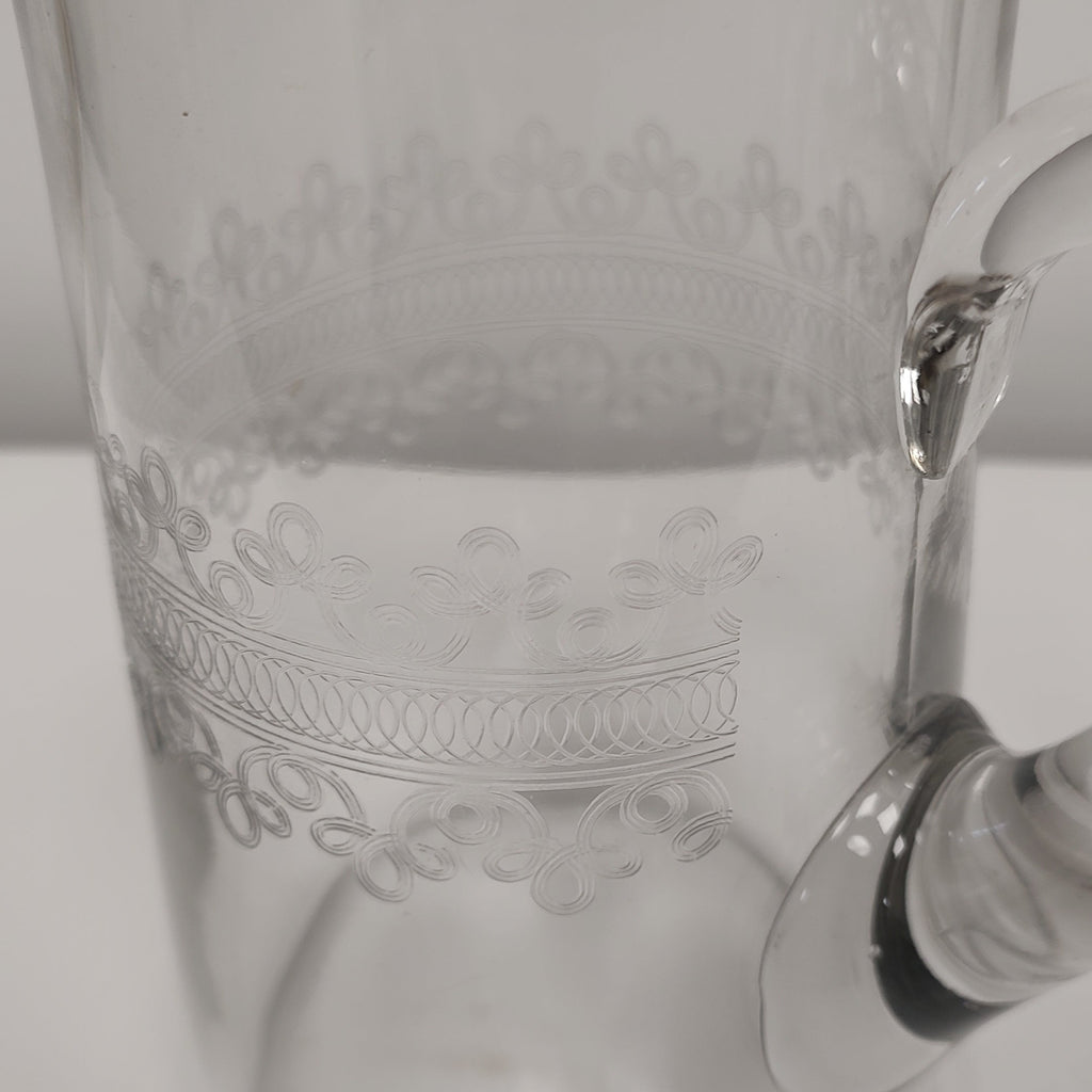 Cloverleaf Fostoria Etched Glass Water Pitcher with Two Matching Glasses