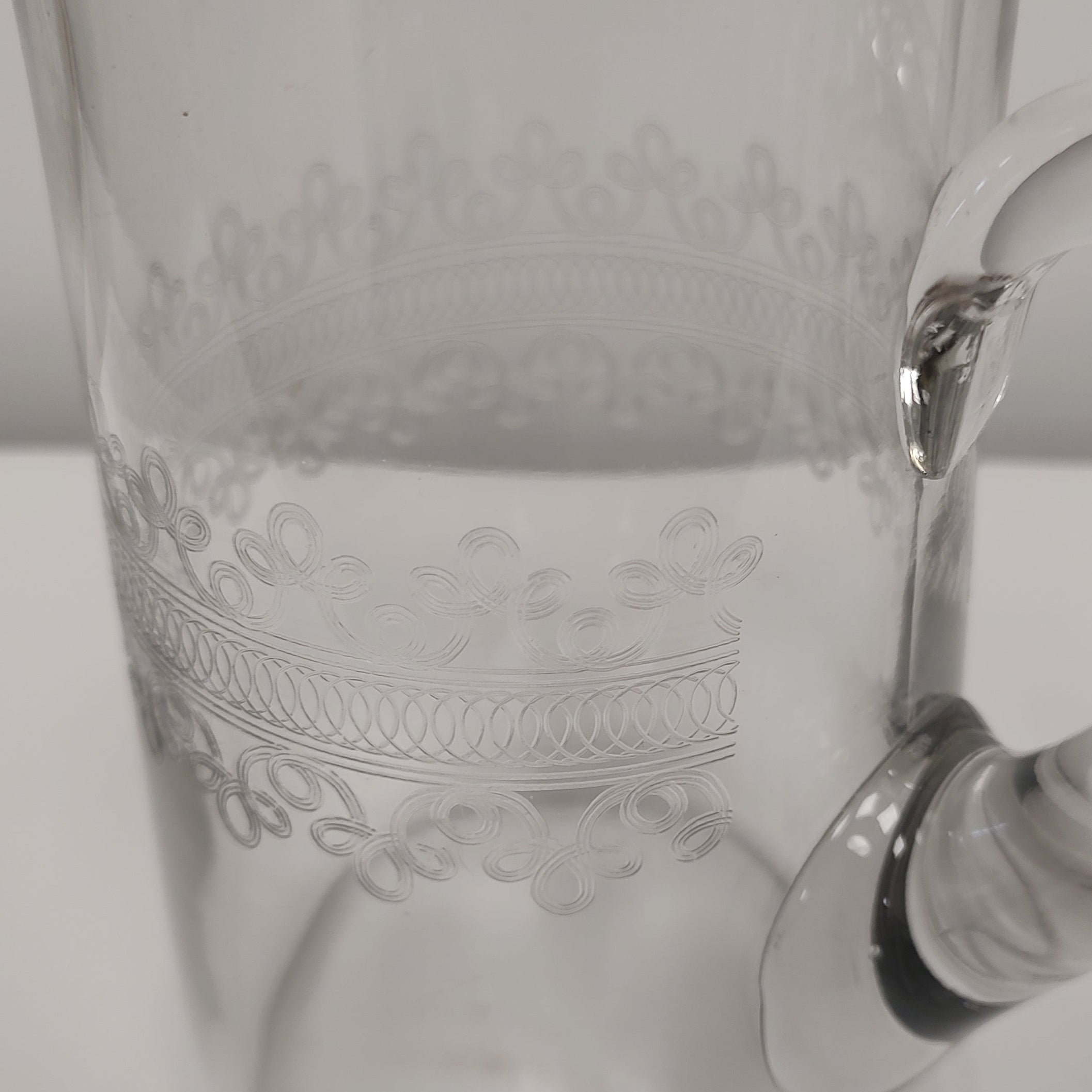 Cloverleaf Fostoria Etched Glass Water Pitcher with Two Matching Glasses