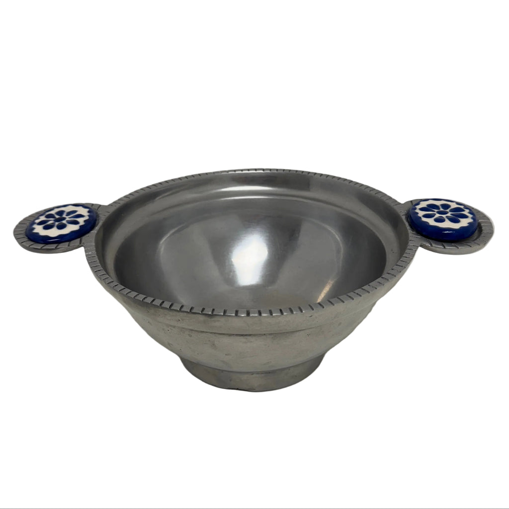 Vintage Mexican Pewter Bowl with Ceramic Inlay Handles