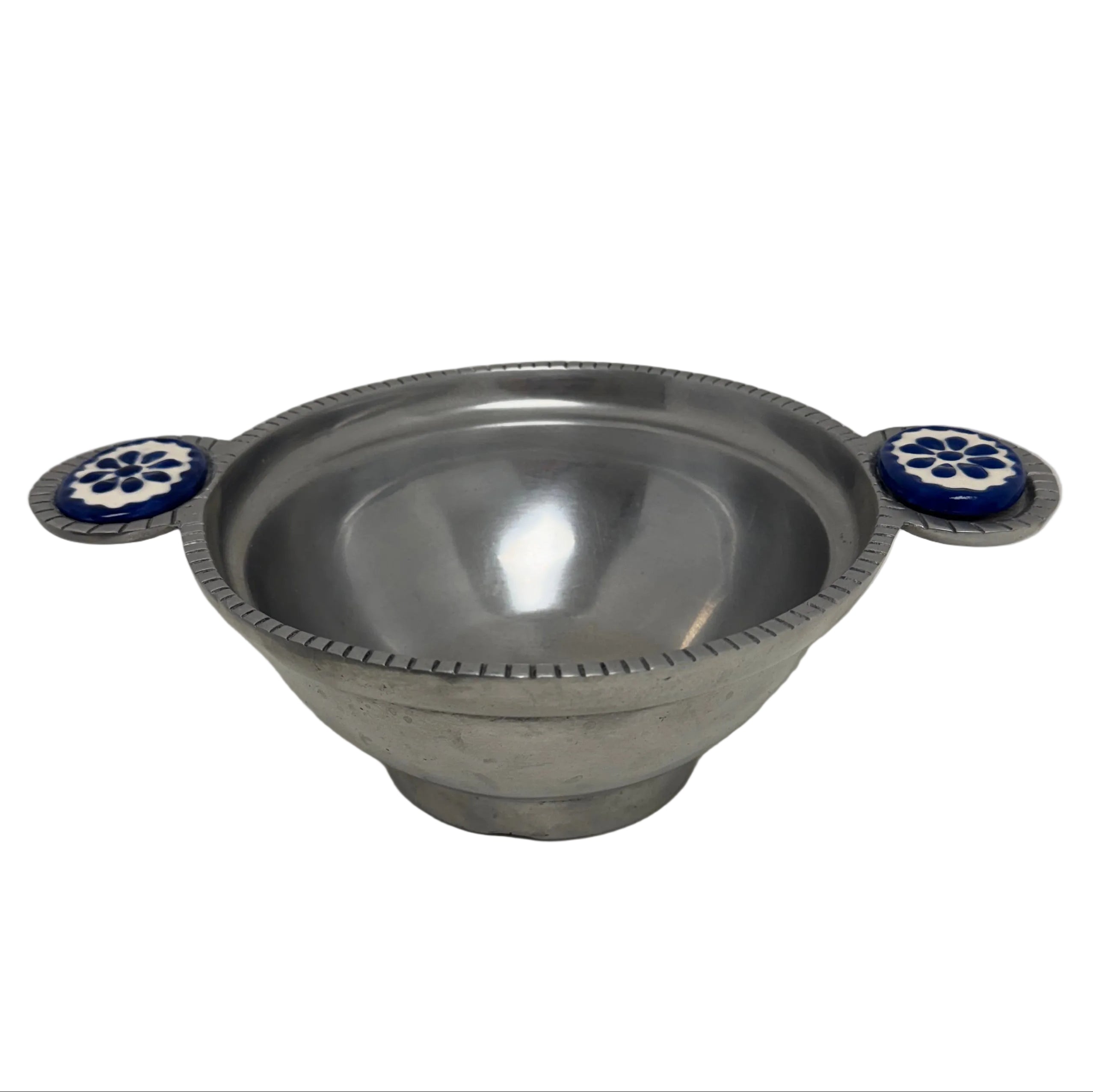 Vintage Mexican Pewter Bowl with Ceramic Inlay Handles