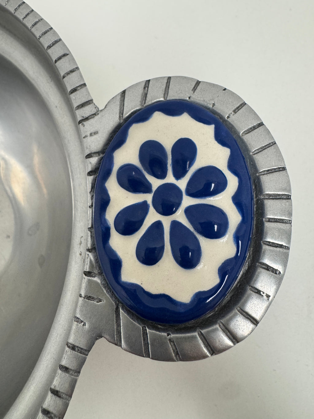 Vintage Mexican Pewter Bowl with Ceramic Inlay Handles