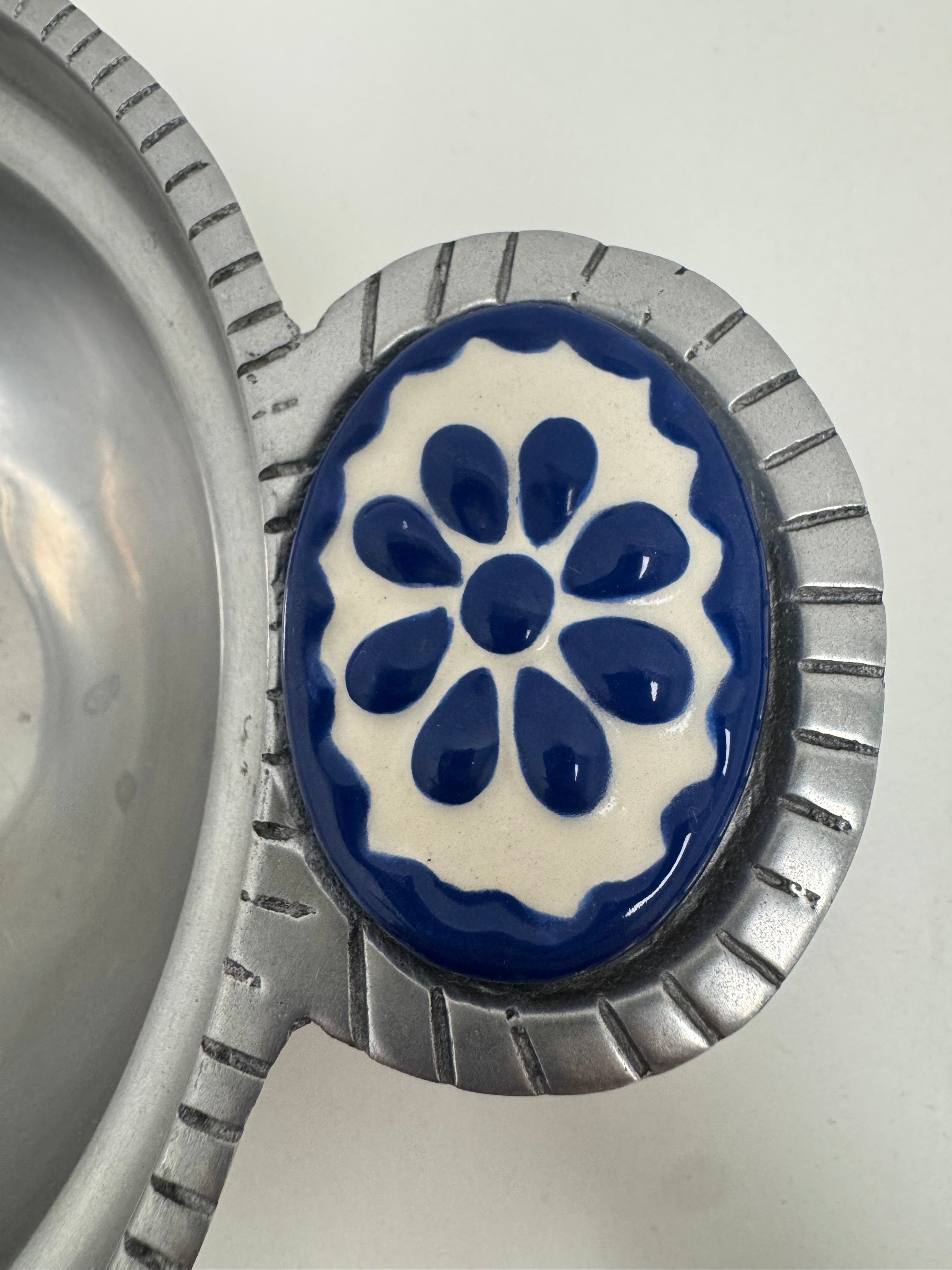 Vintage Mexican Pewter Bowl with Ceramic Inlay Handles