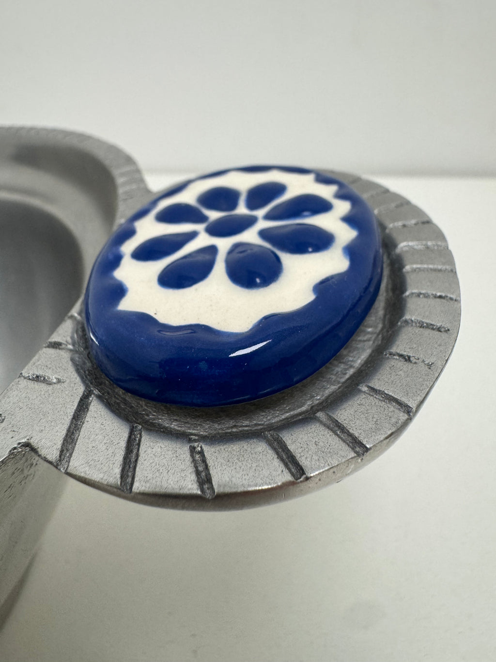Vintage Mexican Pewter Bowl with Ceramic Inlay Handles