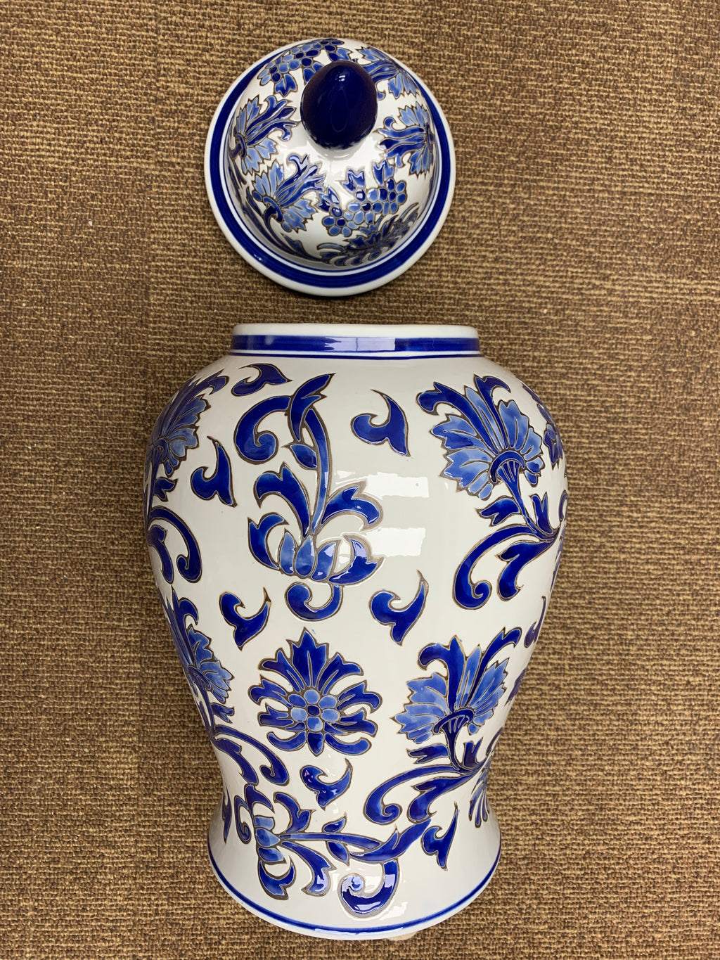 Blue and White Floral Ceramic Ginger Jar with Lid