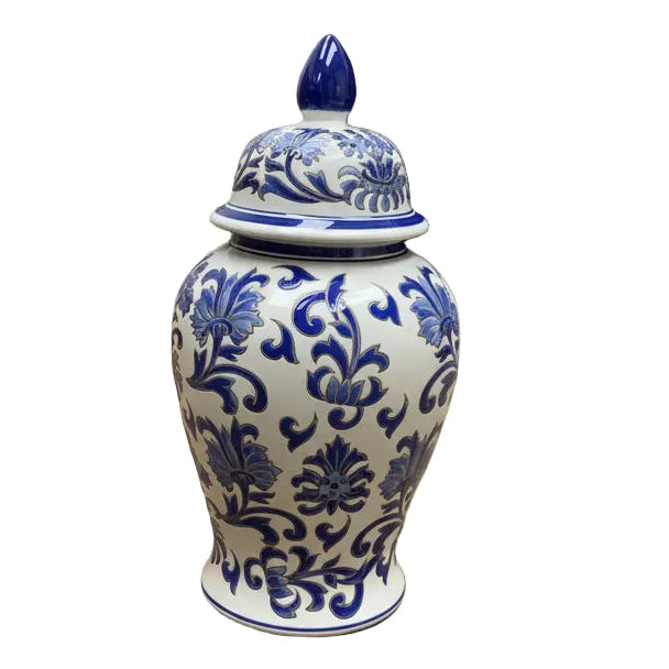 Blue and White Floral Ceramic Ginger Jar with Lid