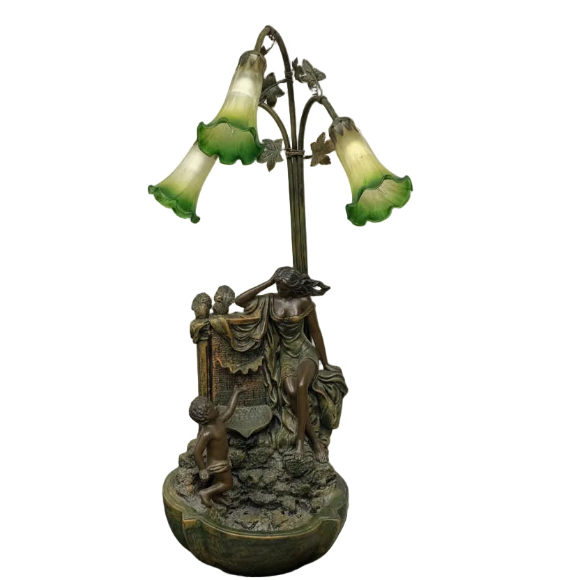 Art Nouveau Style Figural Lamp with Lily Shades and Waterfall