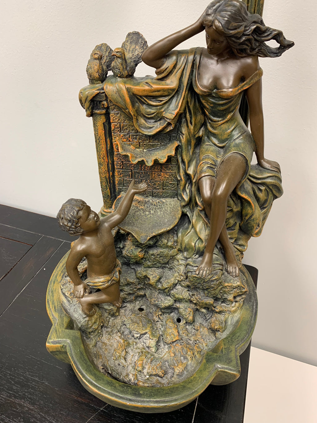 Art Nouveau Style Figural Lamp with Lily Shades and Waterfall