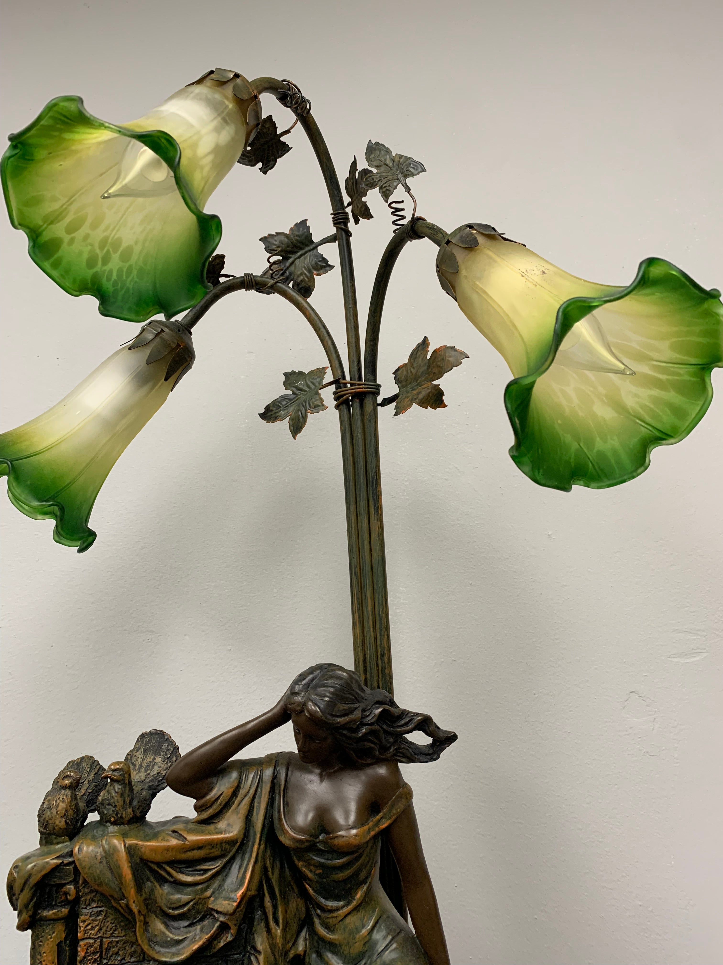 Art Nouveau Style Figural Lamp with Lily Shades and Waterfall