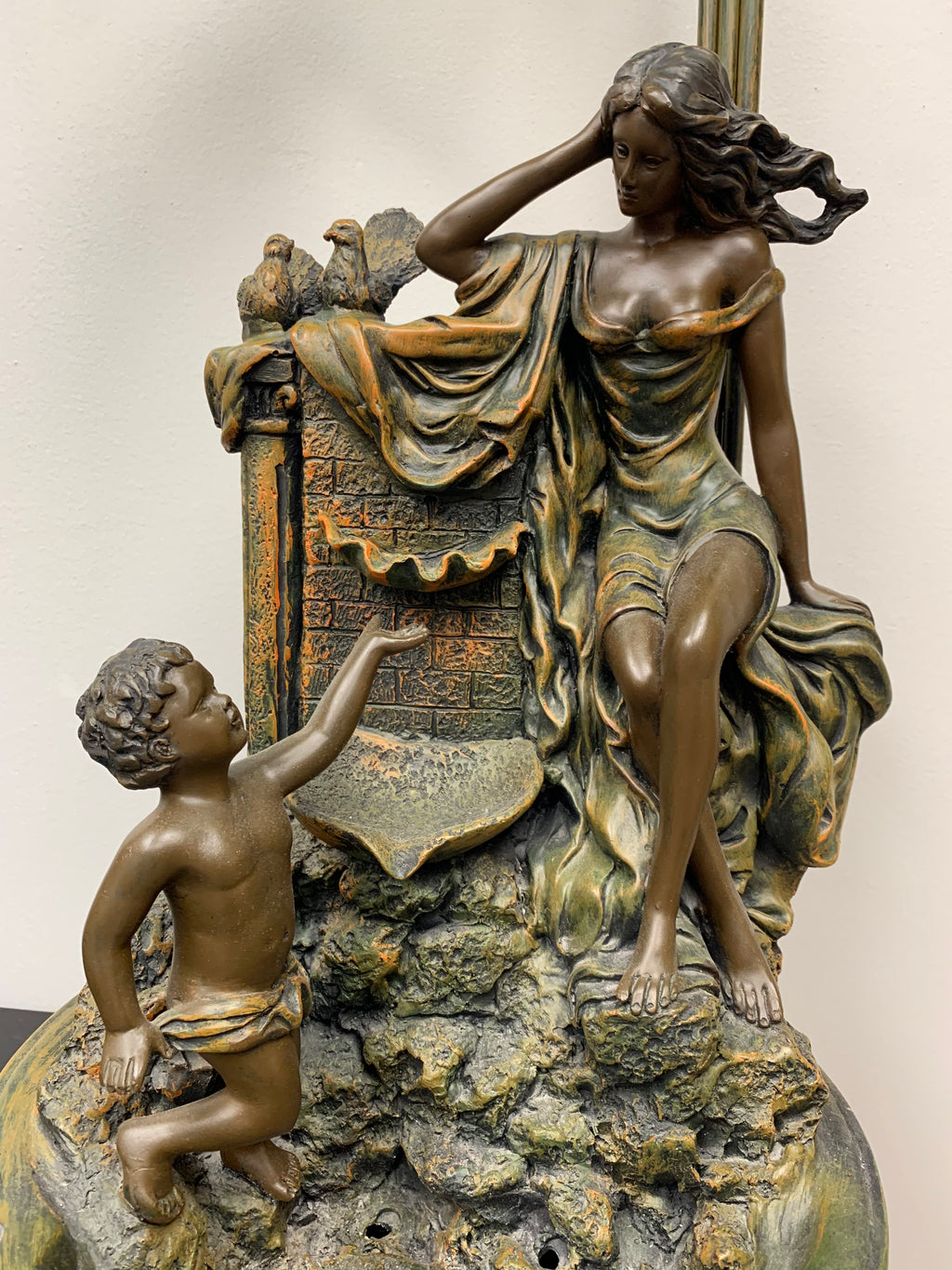 Art Nouveau Style Figural Lamp with Lily Shades and Waterfall