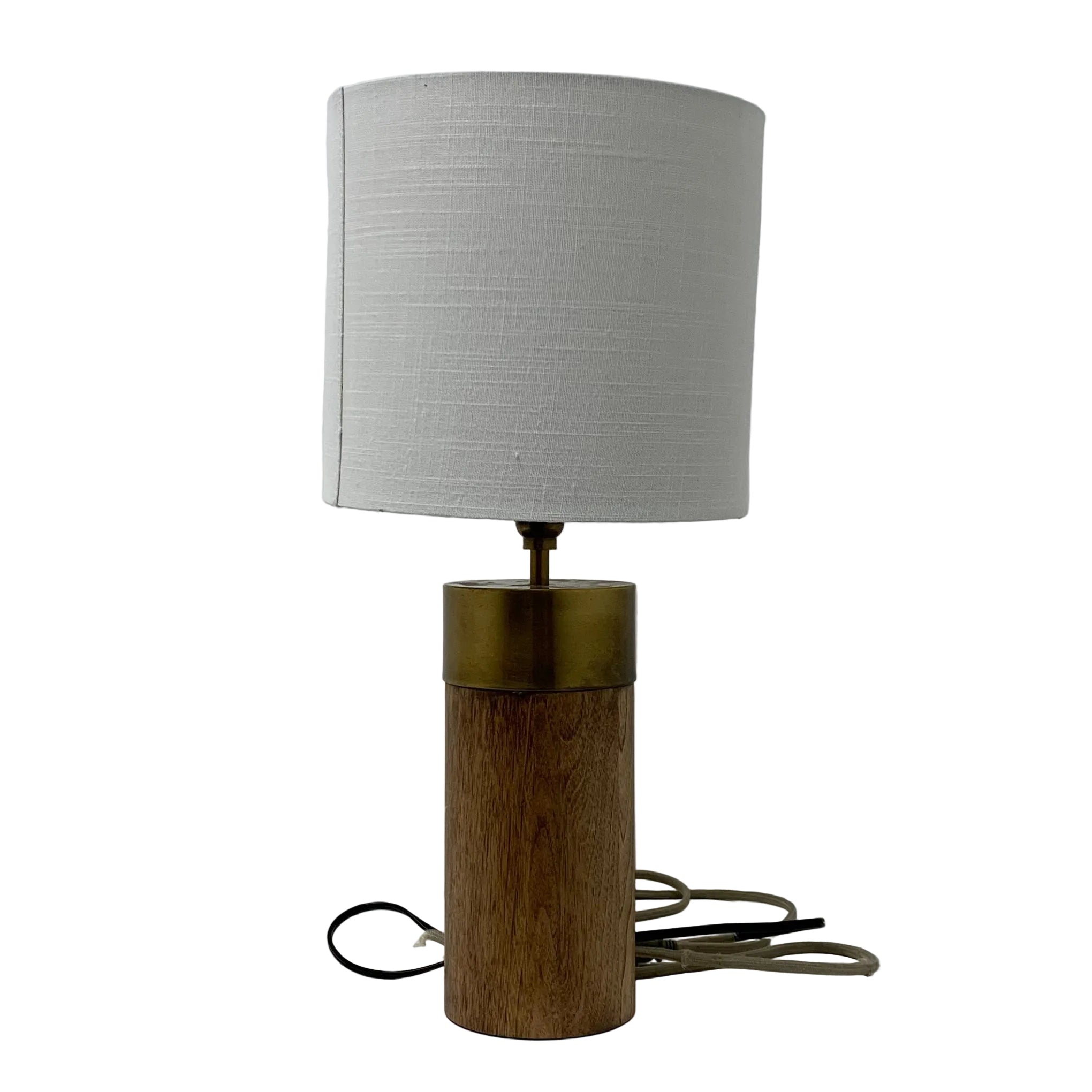 Wood and Brass Table Lamp with Linen Shade