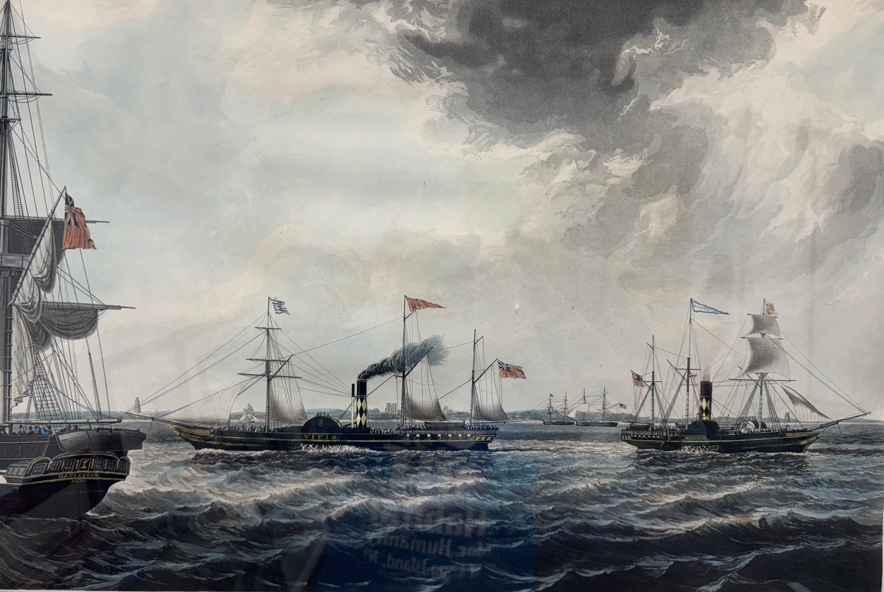 Framed and Matted Print of the painting by James Ward of "Vivid and Waterwitch, Off Orfordness in a Breeze"