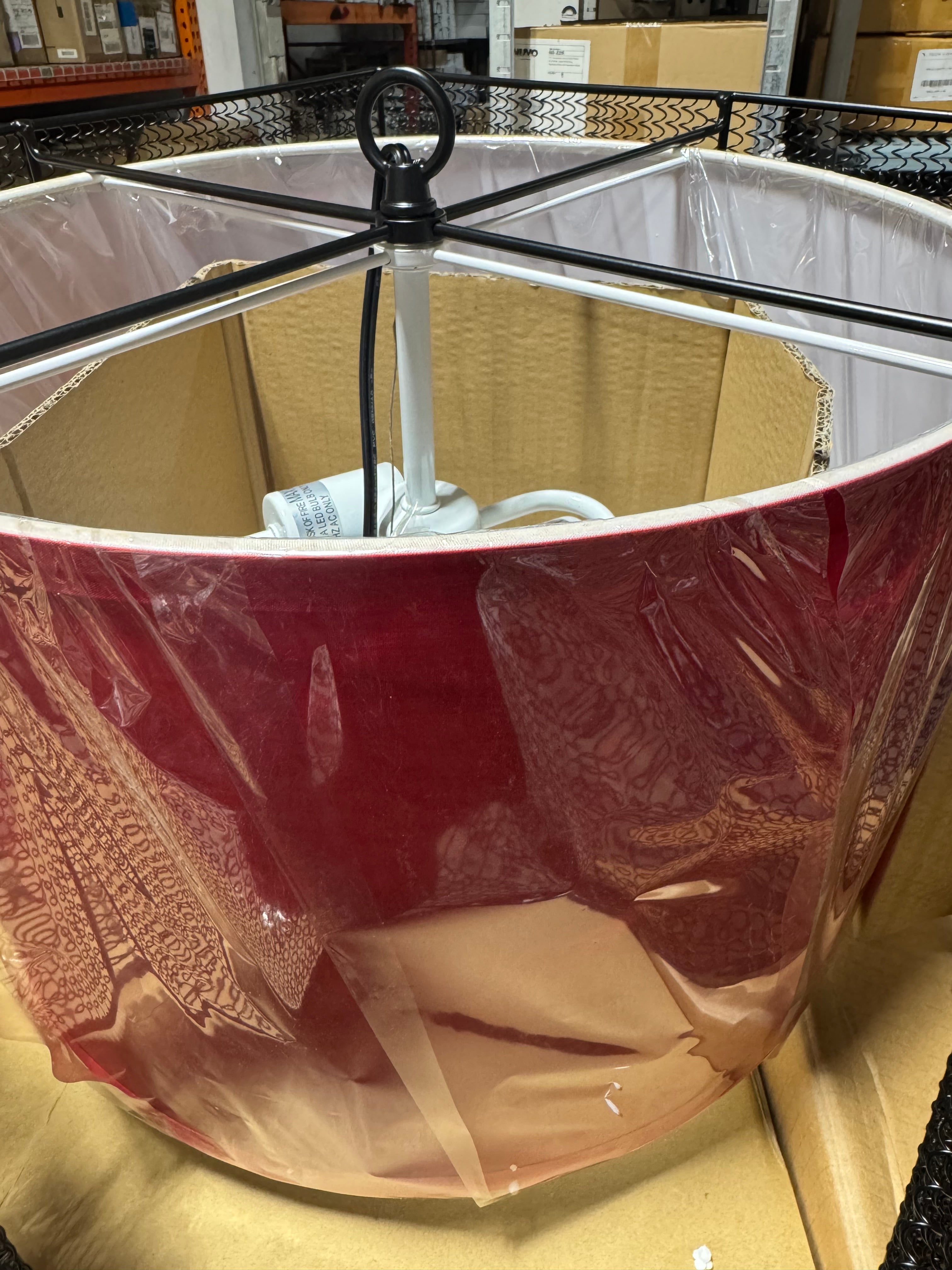 Black Wire Mesh Square Pendant Light Fixture with Red Shade by Sun Set