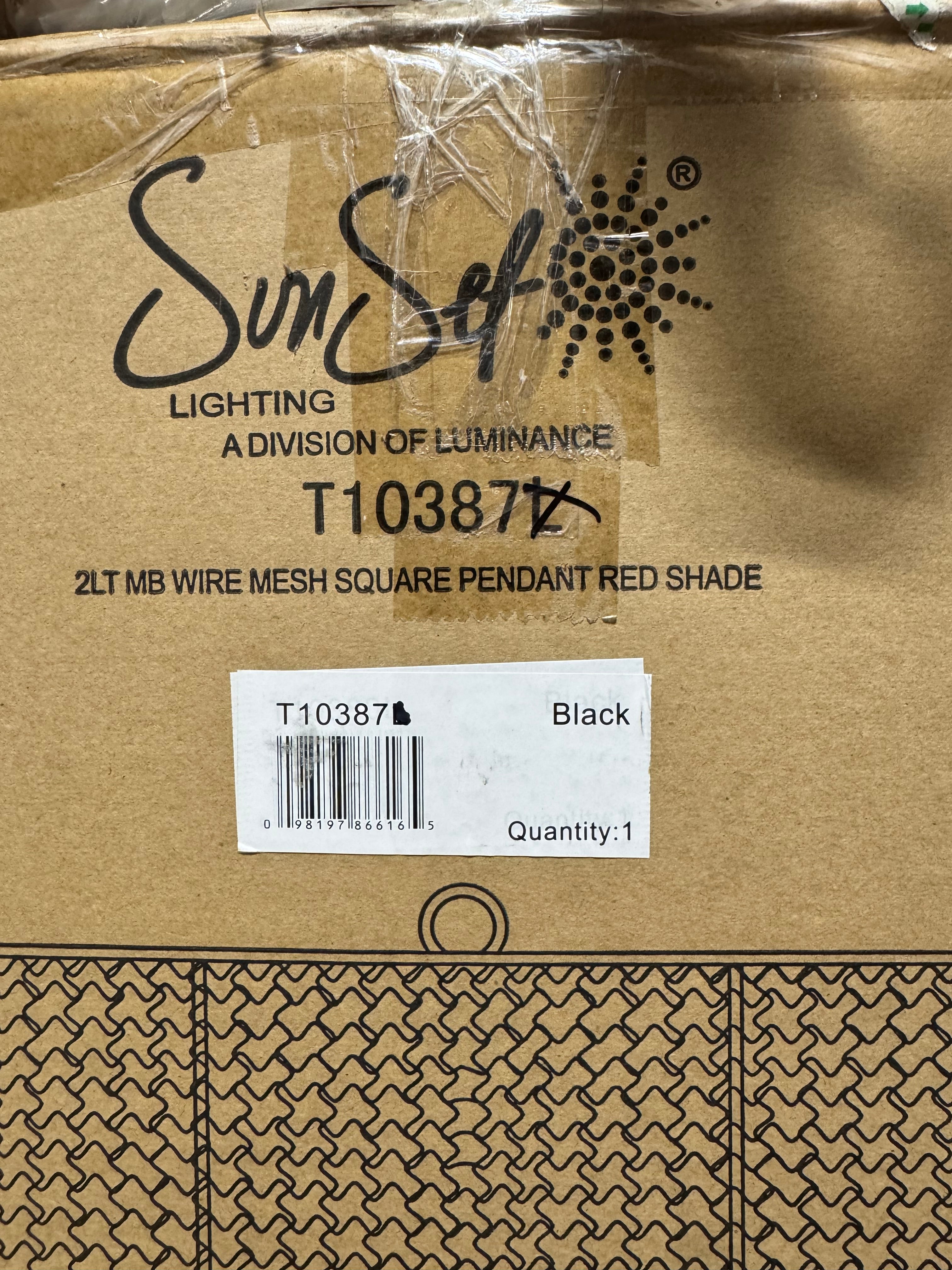 Black Wire Mesh Square Pendant Light Fixture with Red Shade by Sun Set