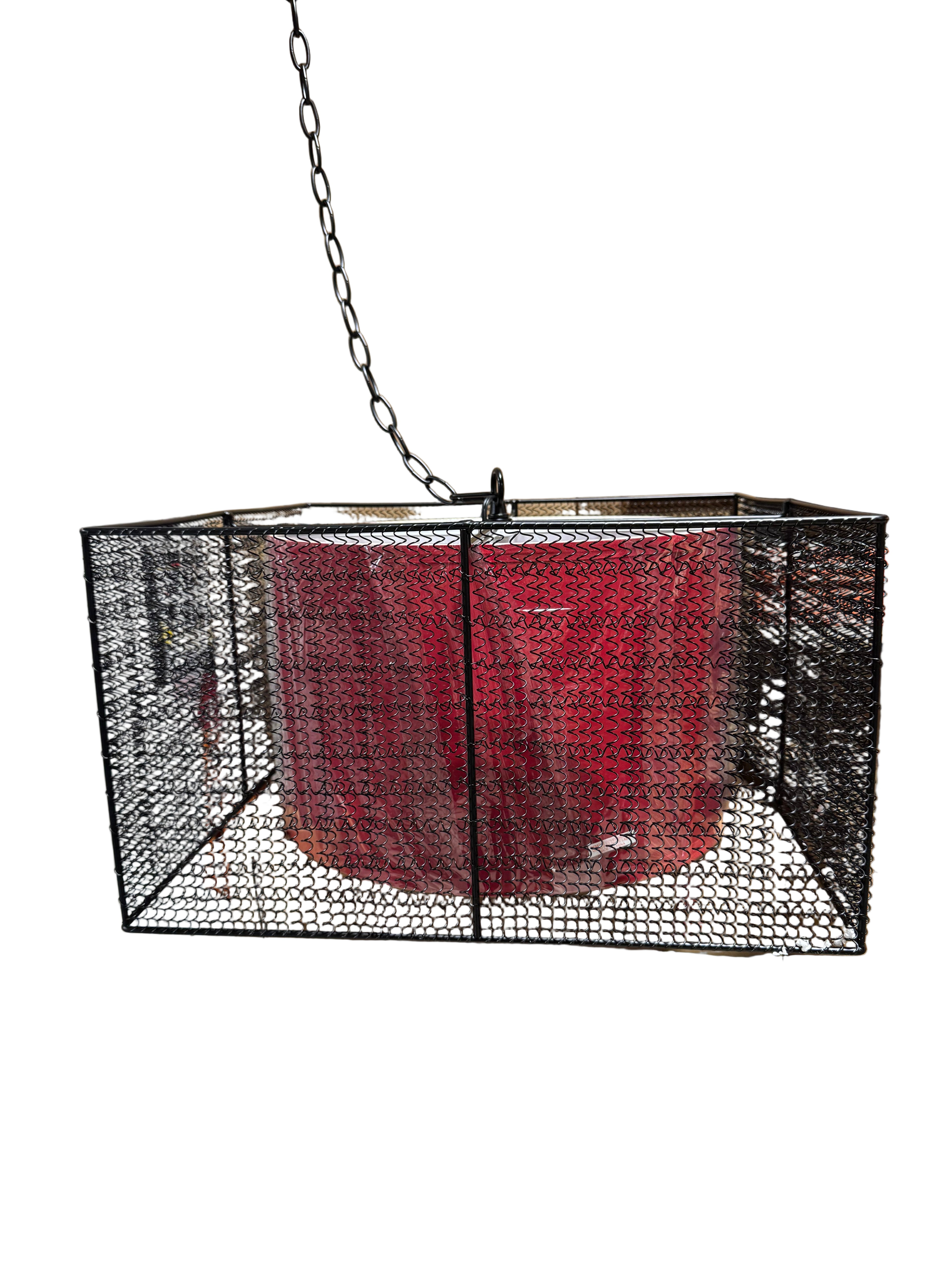 Black Wire Mesh Square Pendant Light Fixture with Red Shade by Sun Set