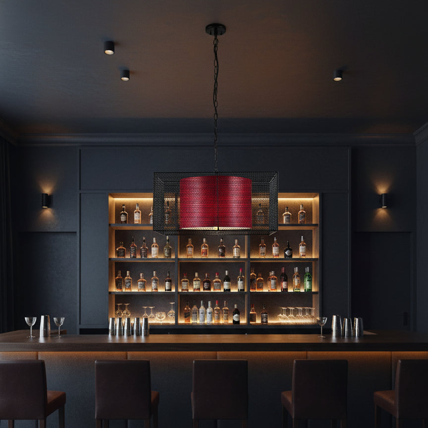 Black Wire Mesh Square Pendant Light Fixture with Red Shade by Sun Set