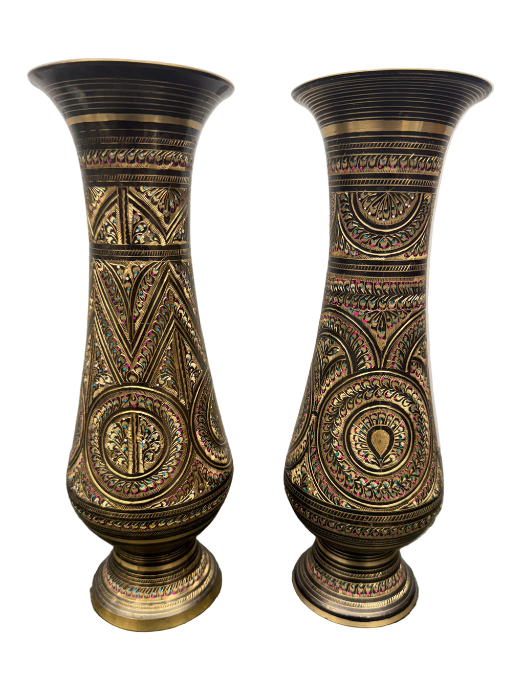 Set of 2 Indian Brass Vases with Etched Floral and Geometric Patterns