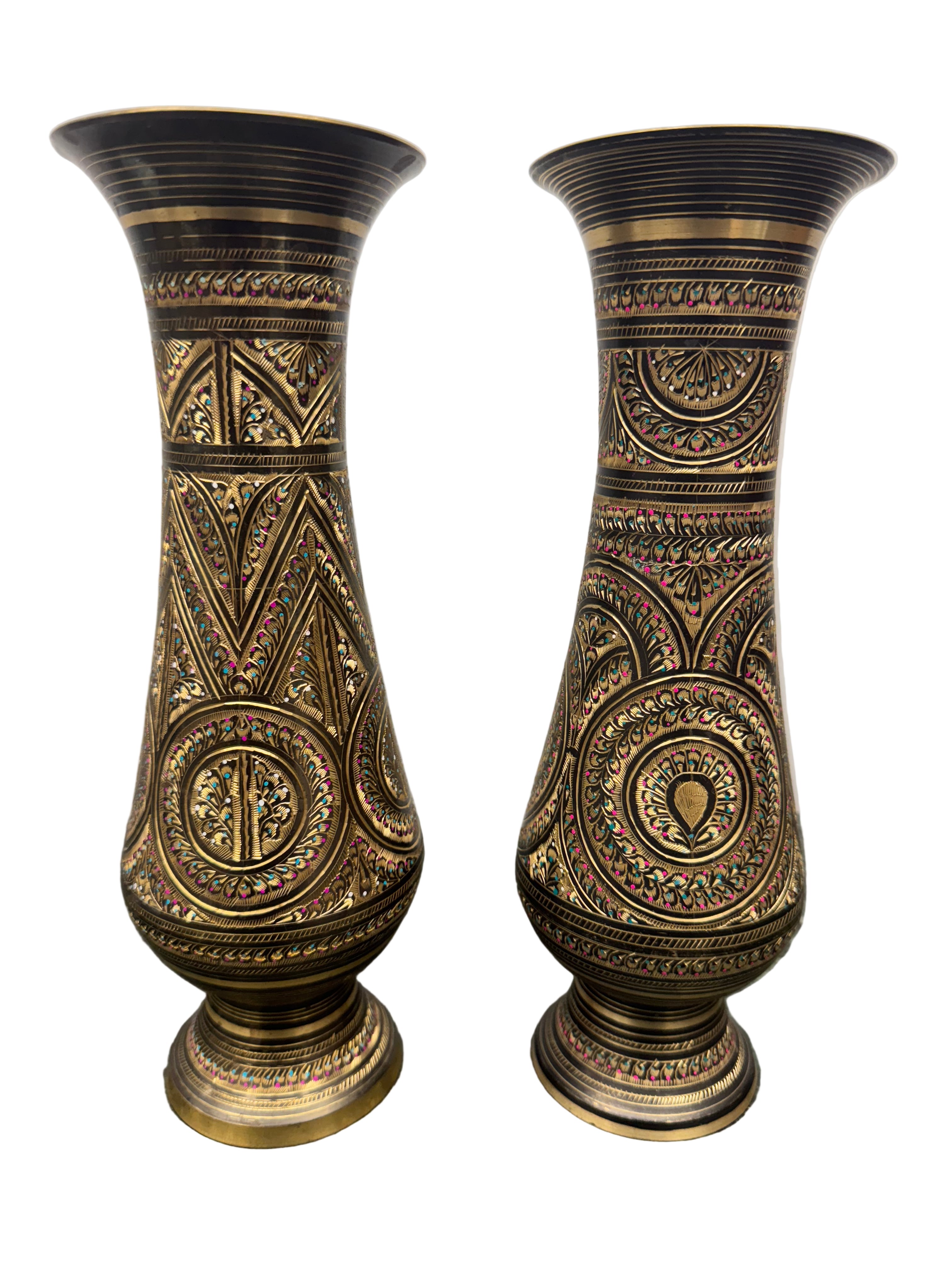 Set of 2 Indian Brass Vases with Etched Floral and Geometric Patterns
