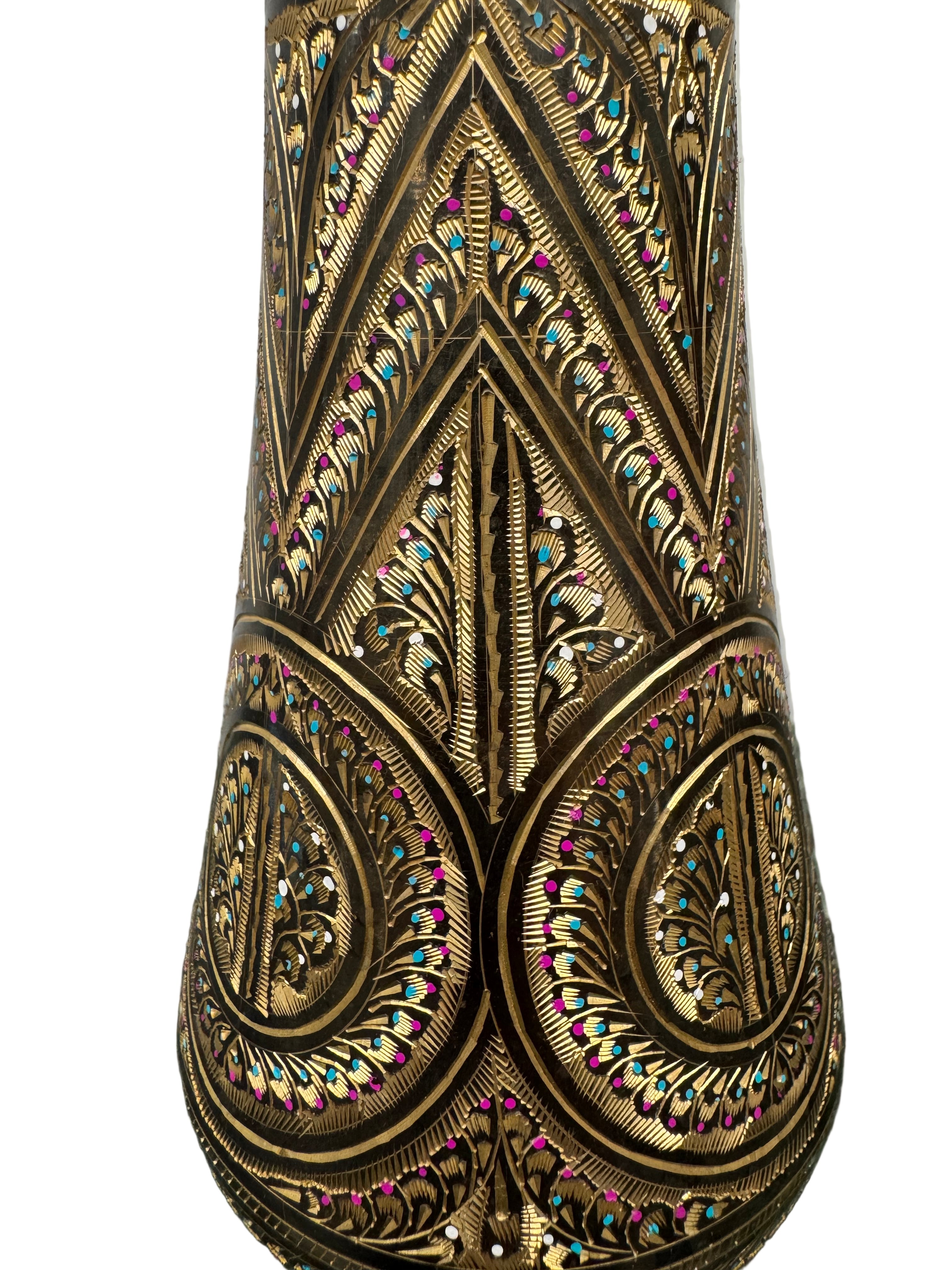 Set of 2 Indian Brass Vases with Etched Floral and Geometric Patterns