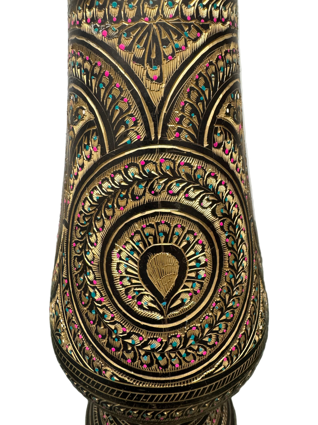 Set of 2 Indian Brass Vases with Etched Floral and Geometric Patterns