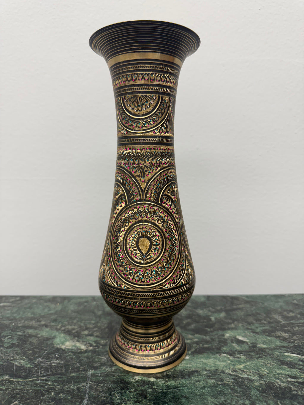 Set of 2 Indian Brass Vases with Etched Floral and Geometric Patterns