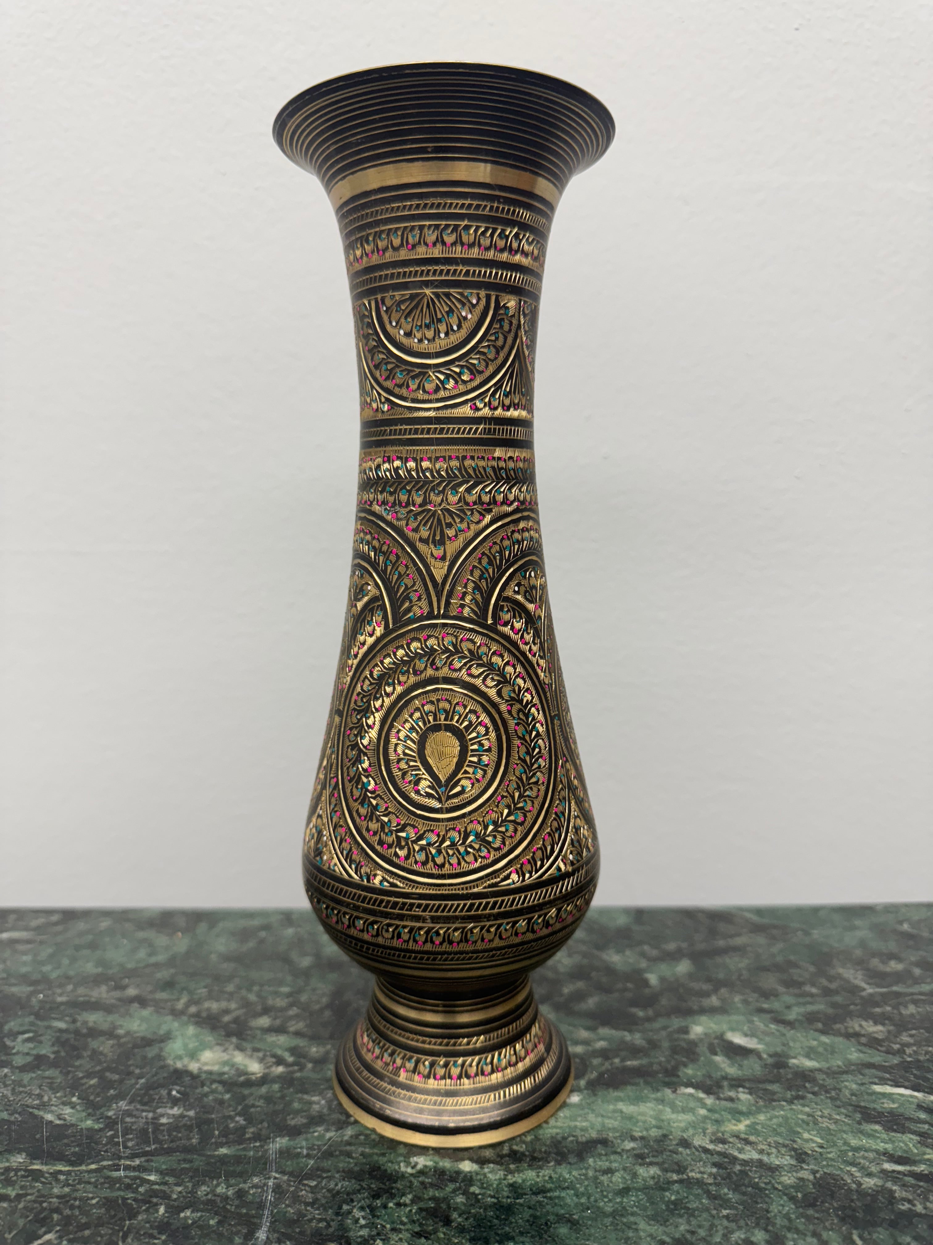 Set of 2 Indian Brass Vases with Etched Floral and Geometric Patterns