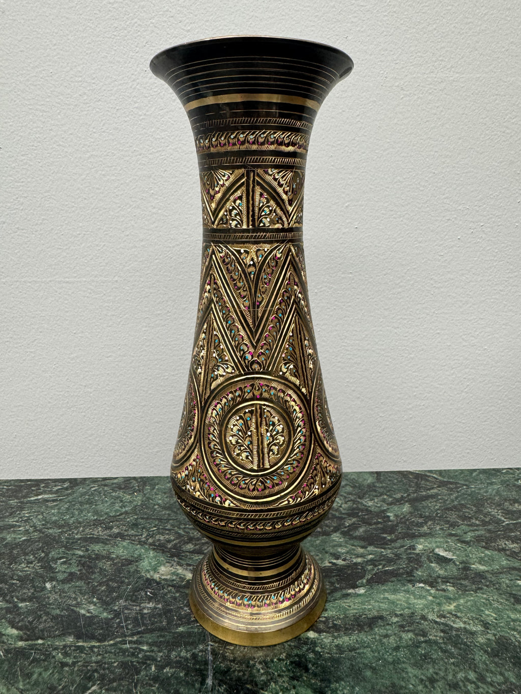 Set of 2 Indian Brass Vases with Etched Floral and Geometric Patterns