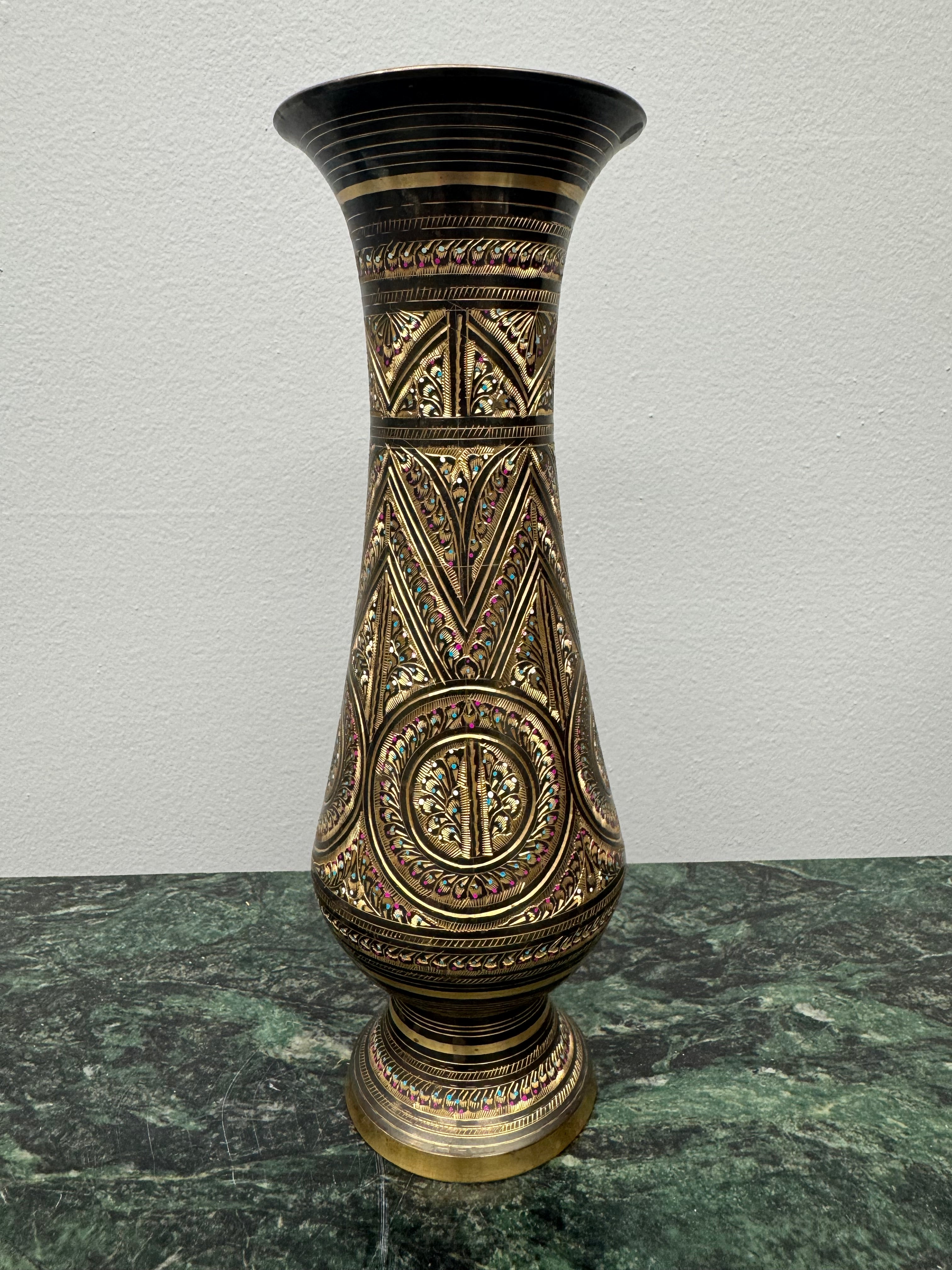 Set of 2 Indian Brass Vases with Etched Floral and Geometric Patterns