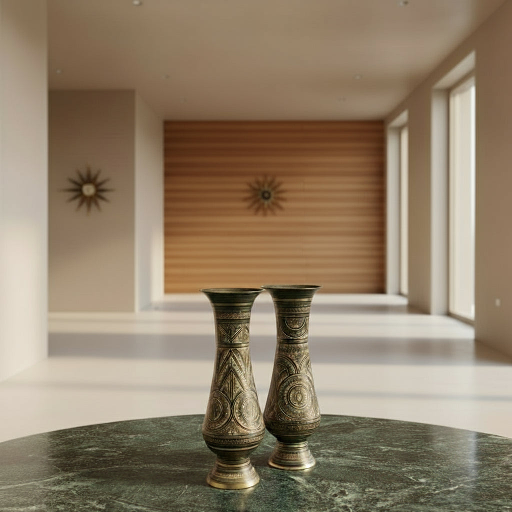 Set of 2 Indian Brass Vases with Etched Floral and Geometric Patterns