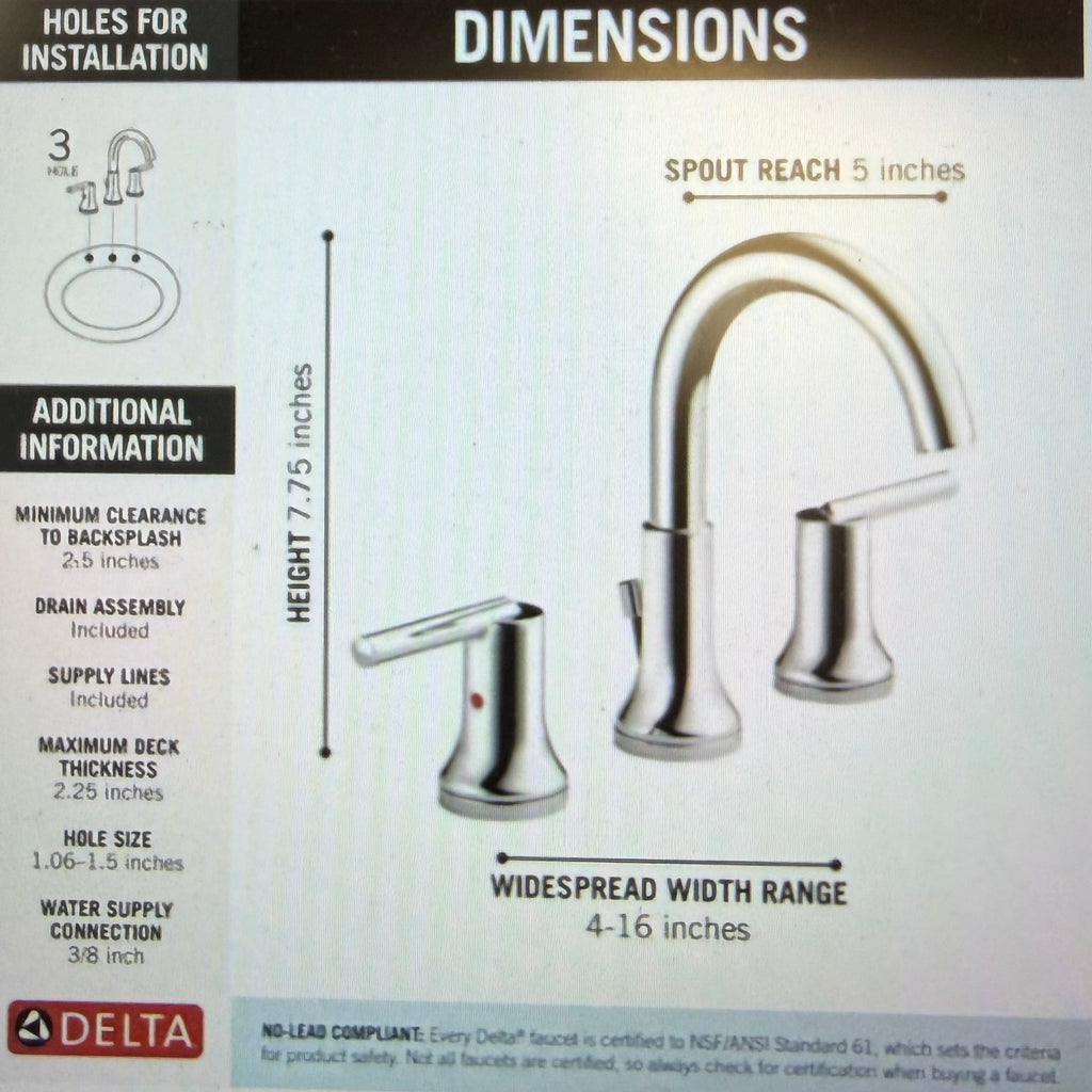 Delta Two Handle Widespread Bathroom Faucet in Chrome (3559-MPU-DST)