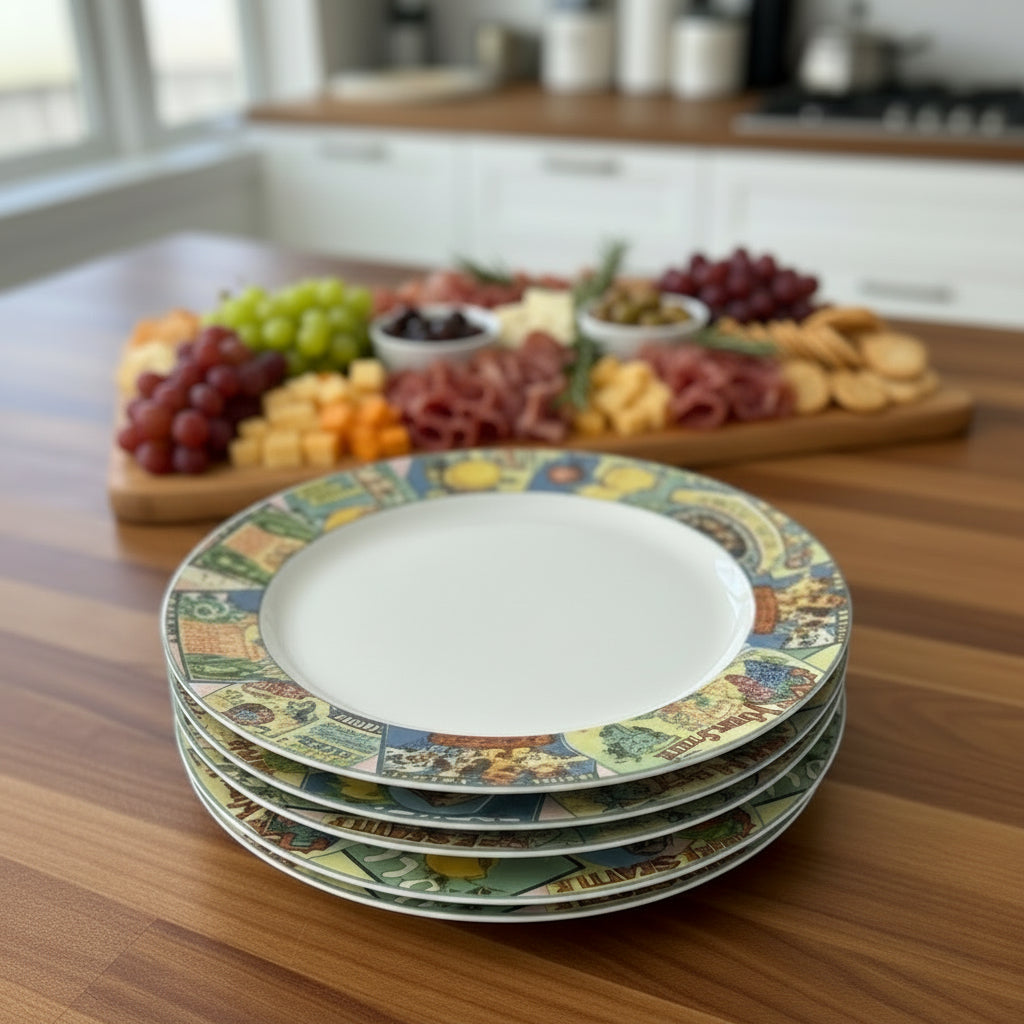 Set of 5 Vintage Labels Stoneware Plates