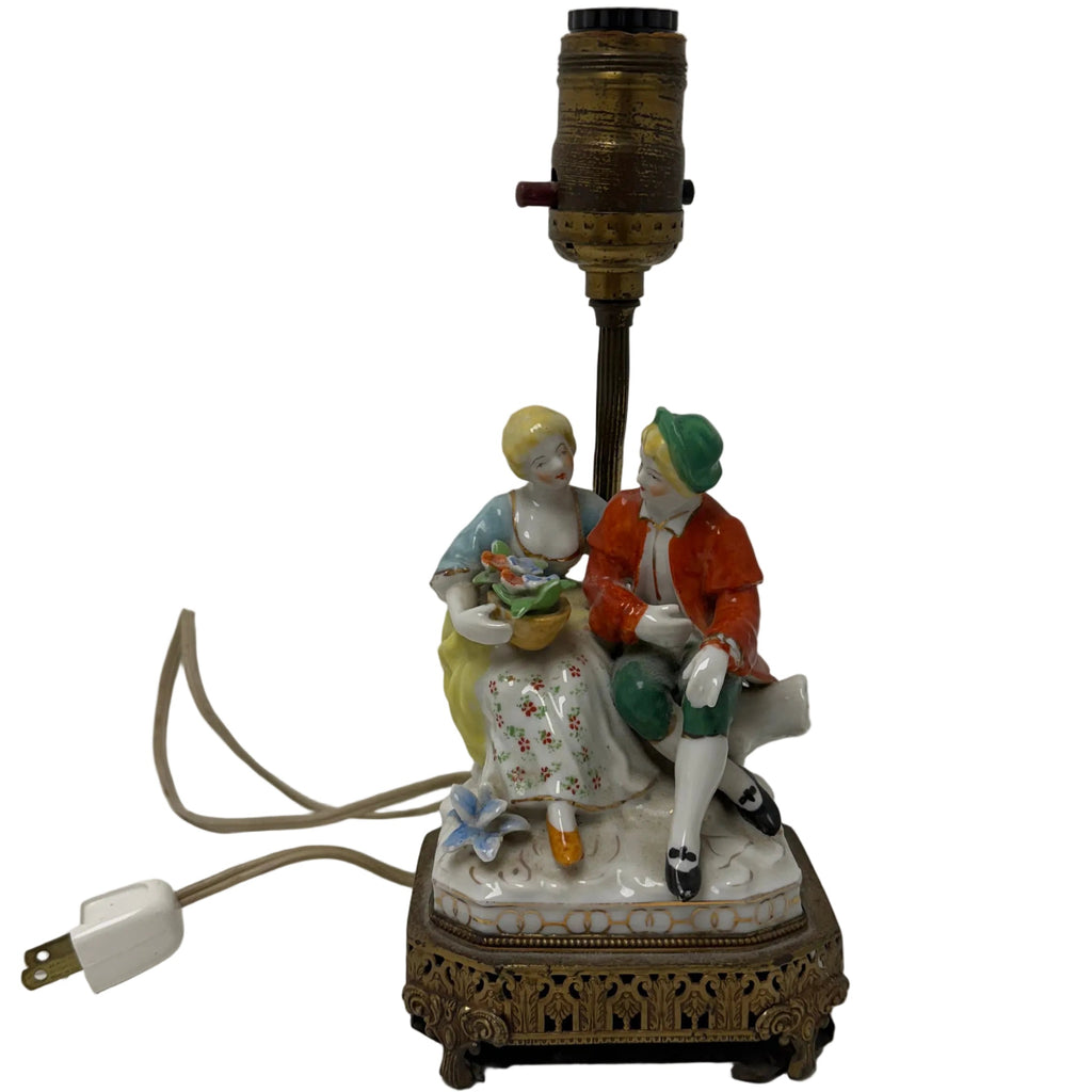 Antique Porcelain Figural Lamp - Courting Couple Sitting