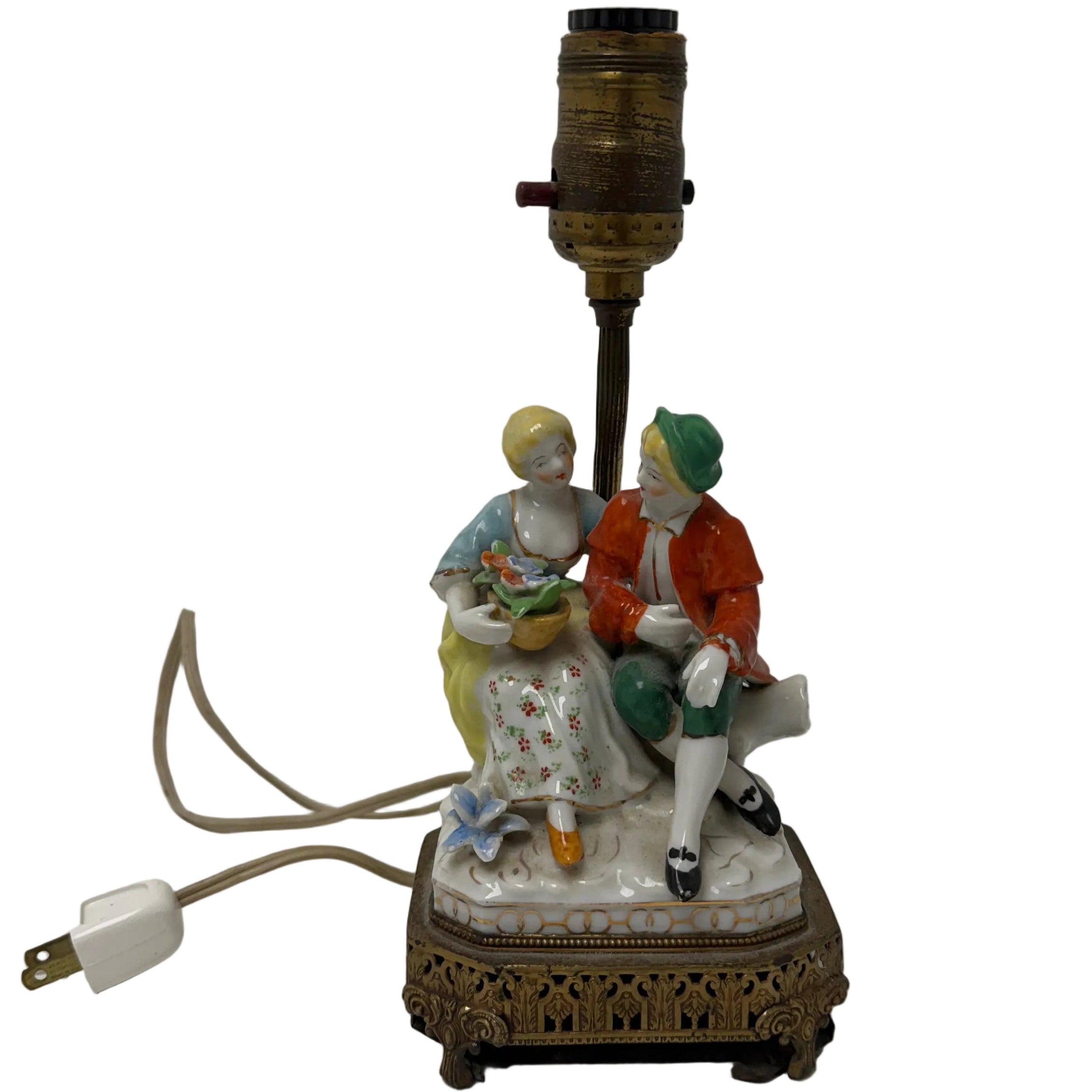 Antique Porcelain Figural Lamp - Courting Couple Sitting