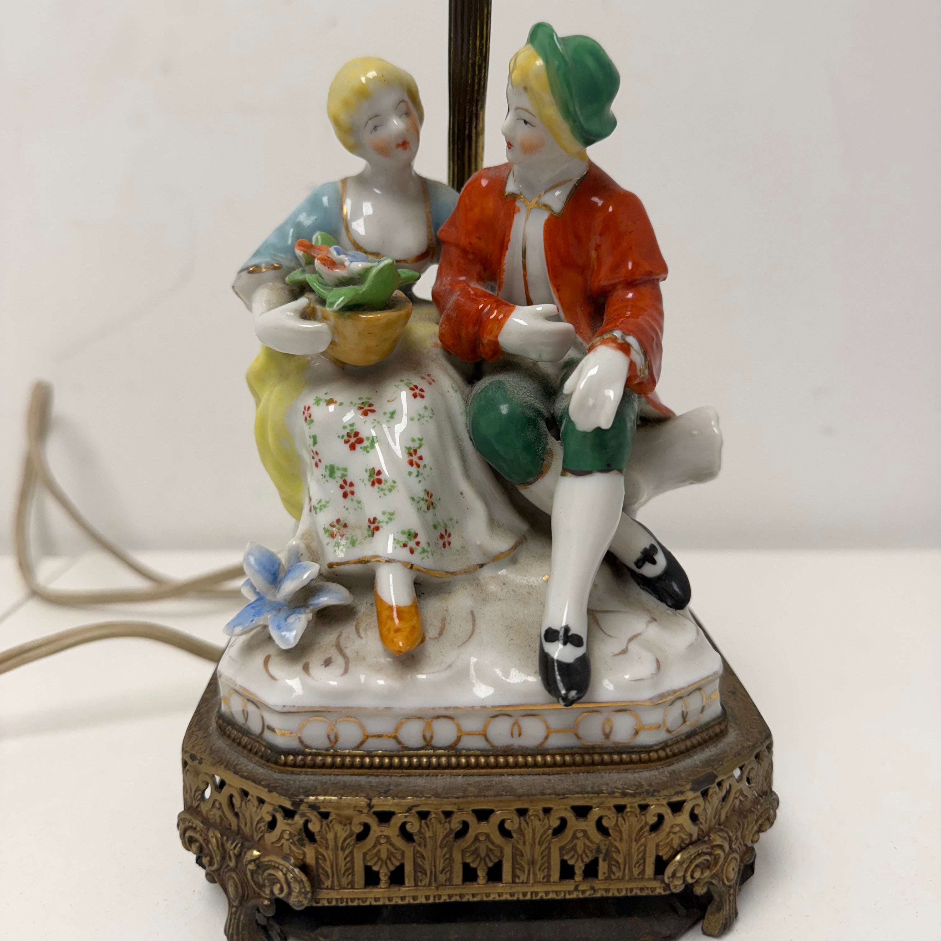 Antique Porcelain Figural Lamp - Courting Couple Sitting