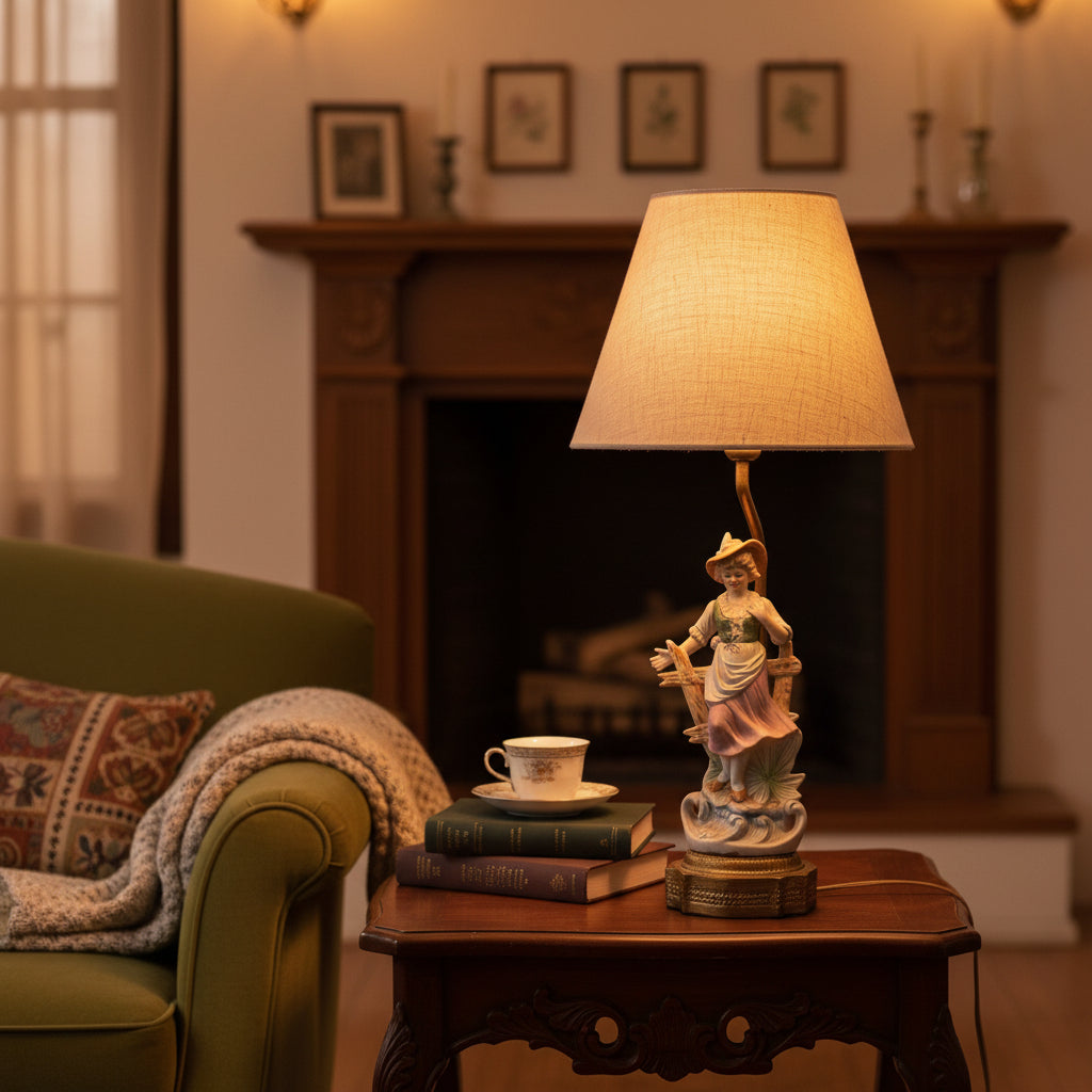Antique Table Lamp with Porcelain Figure