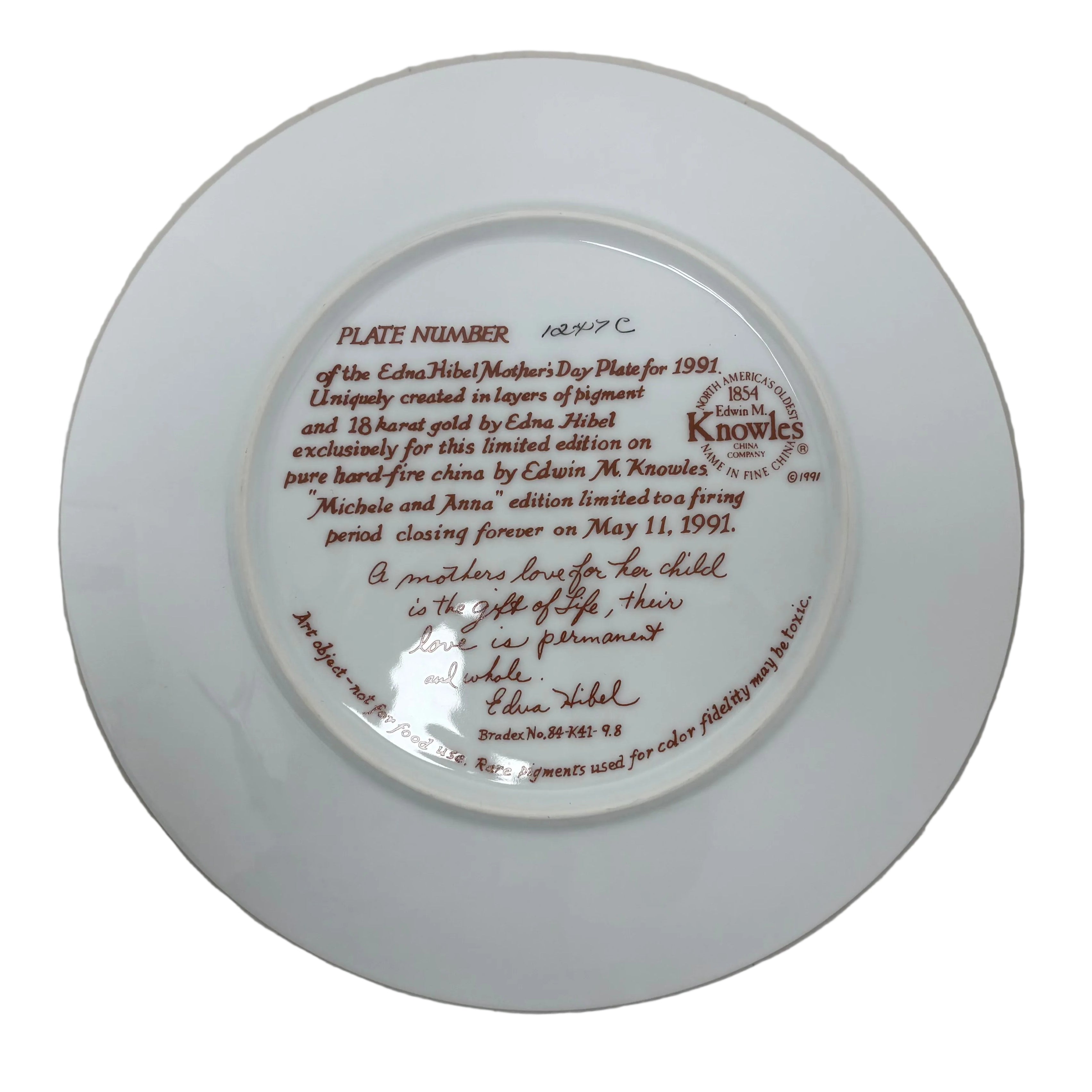 1991 Edna Hibel "Michele and Anna" Mother's Day collector plate with 18k Gold